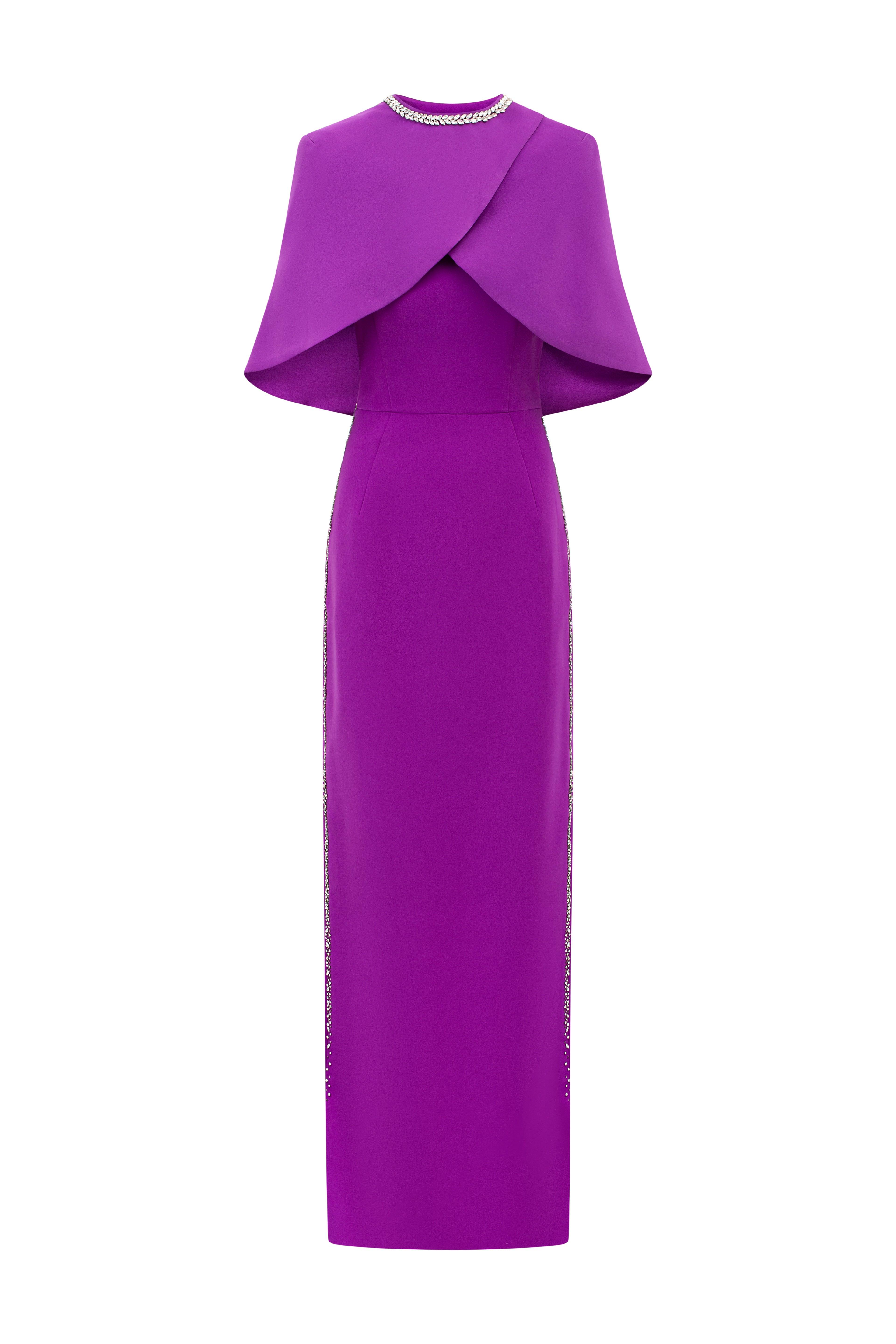 Cross Over Cape With Sides Stone Embellishments Line Dress Set - TRACY COUTURE